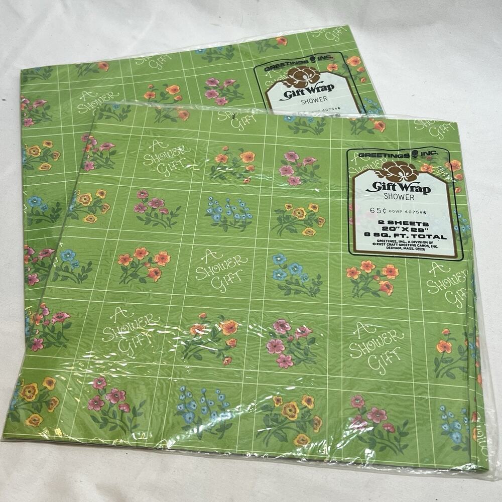 Vintage Lot of 2 (4 Sheets) Gift Wrap Shower Green Floral Wrapping Paper Flowers